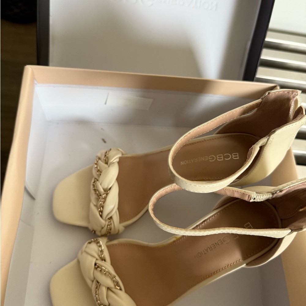 BCBGeneration Cream Heels with Pointed Toe and Ankle Strap